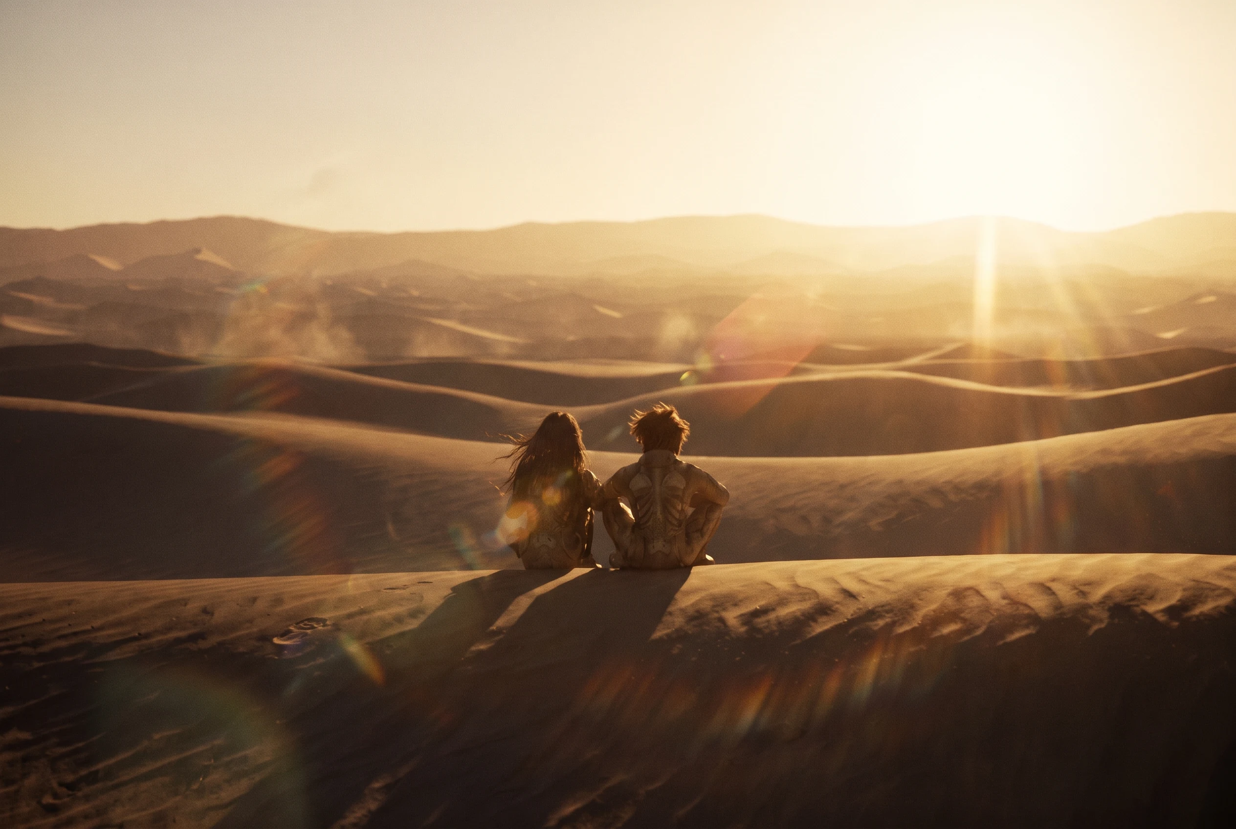 Two figures sit on a dune at golden hour, looking out over an endless desert as dust lifts off the far dunes.