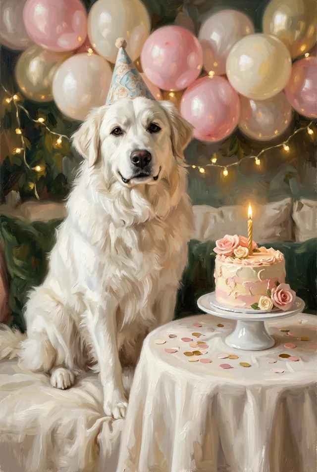 A white retriever in a party hat beside a birthday cake