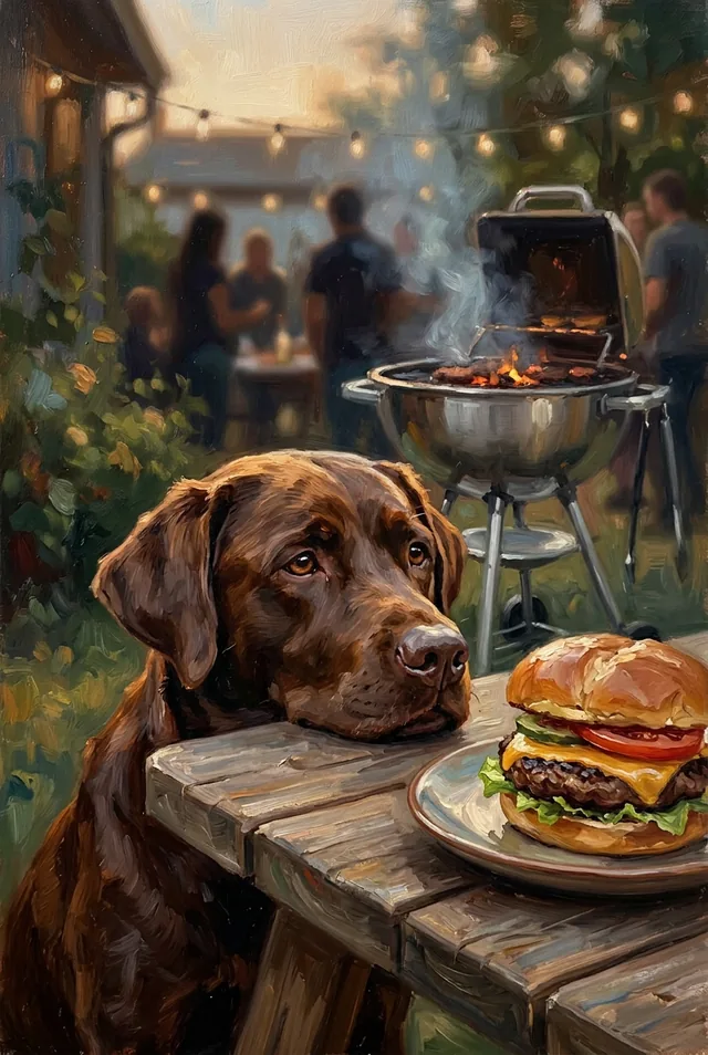 A chocolate lab eyeing a burger at a backyard cookout