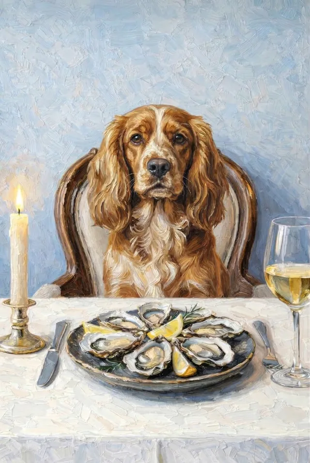 A spaniel at a candlelit oyster dinner