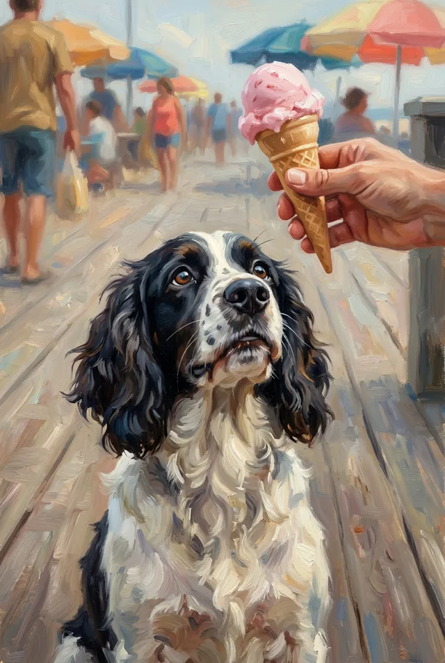 A spaniel looking up at an ice cream cone on the boardwalk