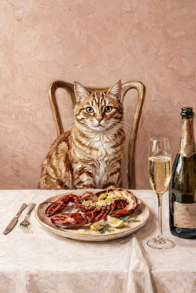 A tabby cat at a lobster dinner with champagne