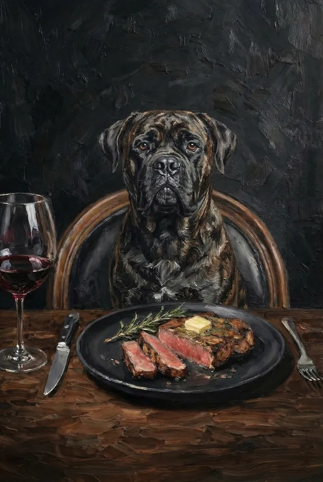 A mastiff behind a steak dinner and a glass of red wine