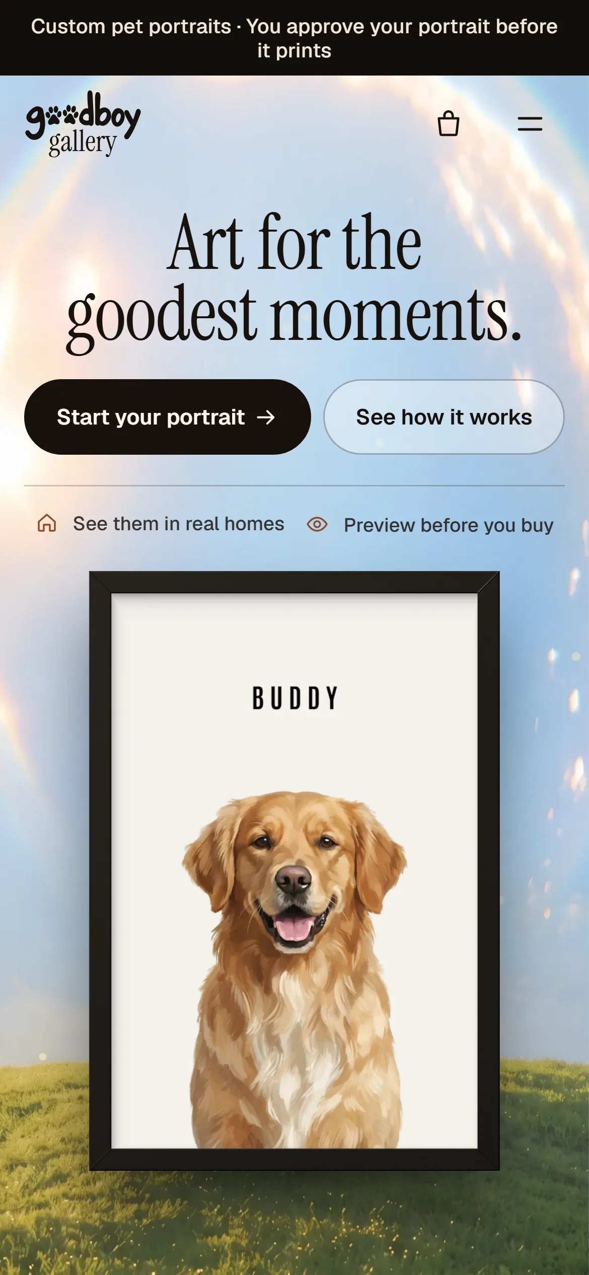 The Goodboy Gallery homepage on a phone: “Art for the goodest moments.” above a framed golden retriever portrait